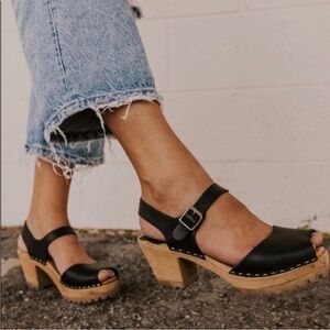 MIA GRETA prep toe genuine leather and wood high lug soled clog/sandals